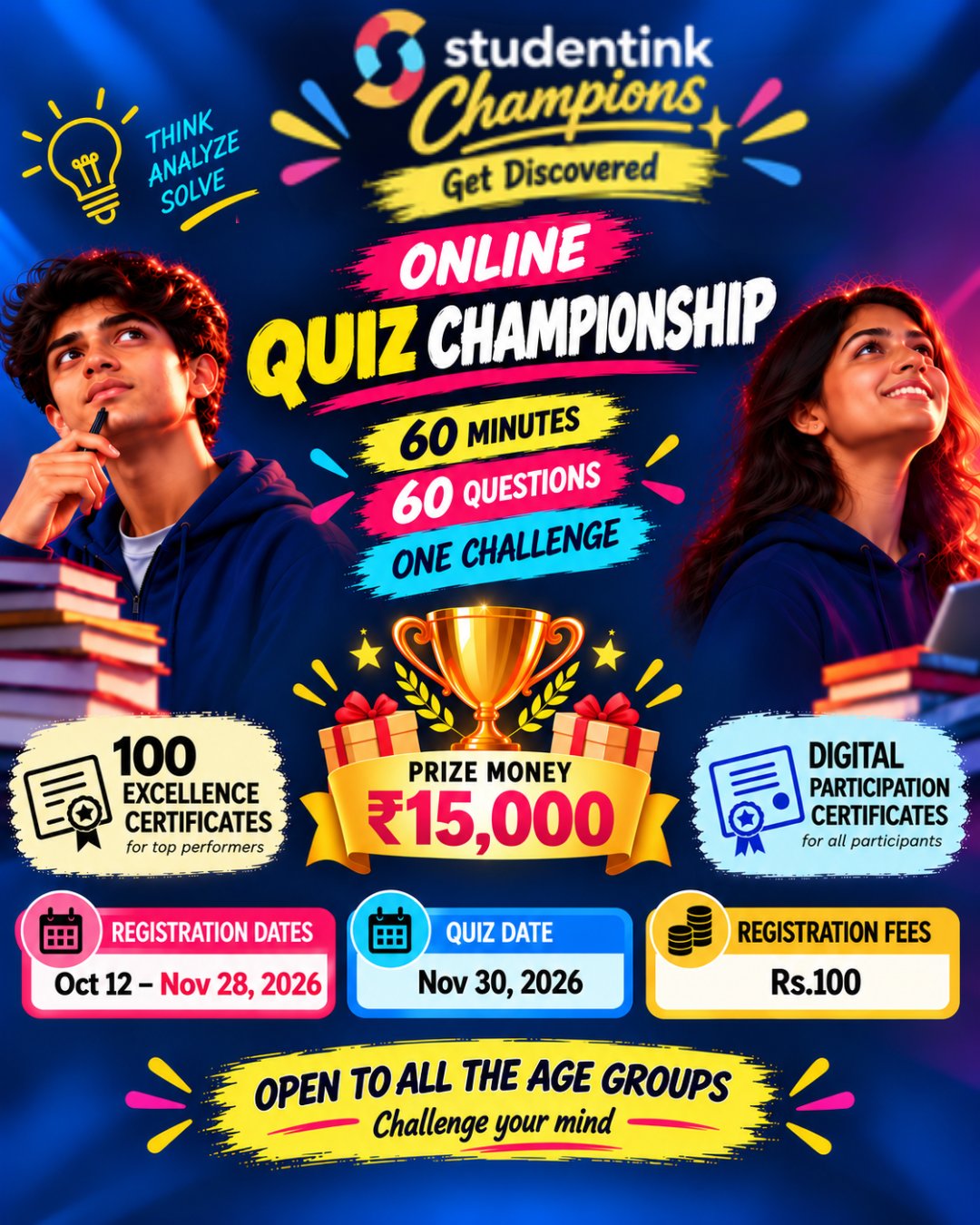Online Quiz Championship — open to all age groups, 60 minutes, 60 questions, quiz 30 Nov 2026, registration ₹100, prize ₹15,000