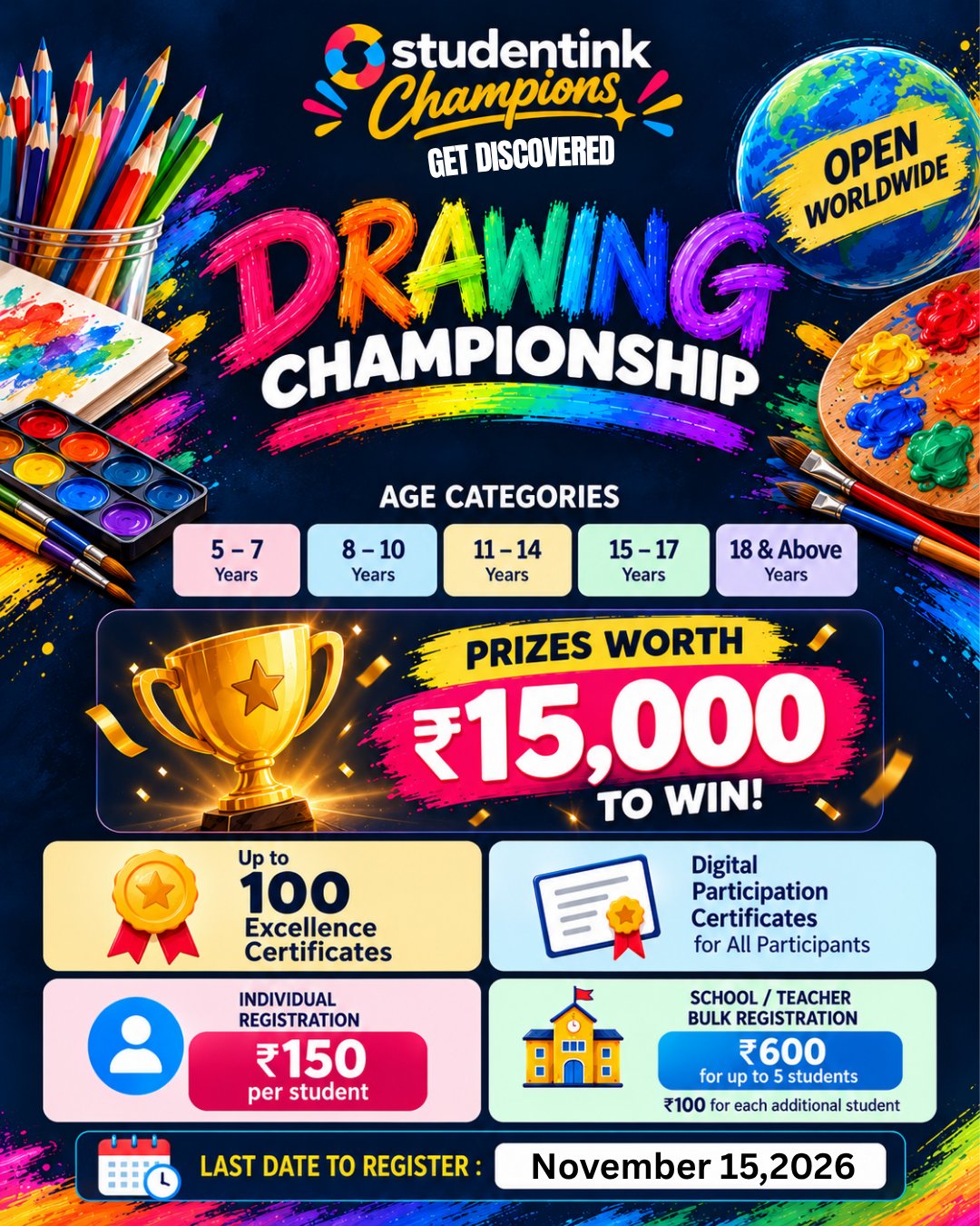 Drawing Championship — open worldwide, ages 5 to 18+, prizes worth ₹15,000, ₹150 per student, bulk ₹600 for 5 students, last date 15 Nov 2026
