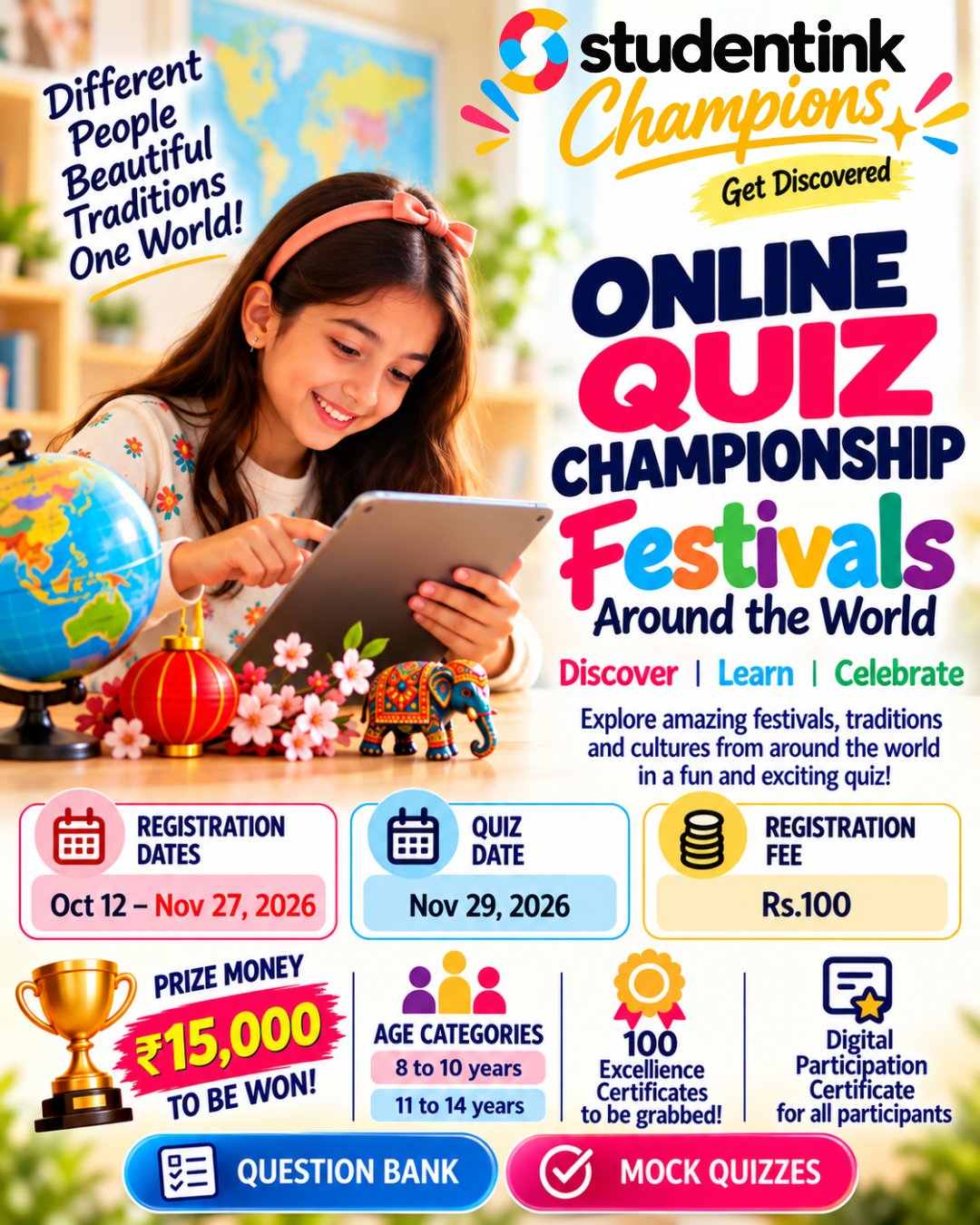 Festivals Around the World — online quiz championship, ages 8–14, quiz 29 Nov 2026, registration ₹100, prize ₹15,000